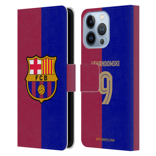 FC Barcelona 2024/25 Players Home Kit Robert Lewandowski Leather Book Wallet Case Cover For Apple iPhone 13 Pro