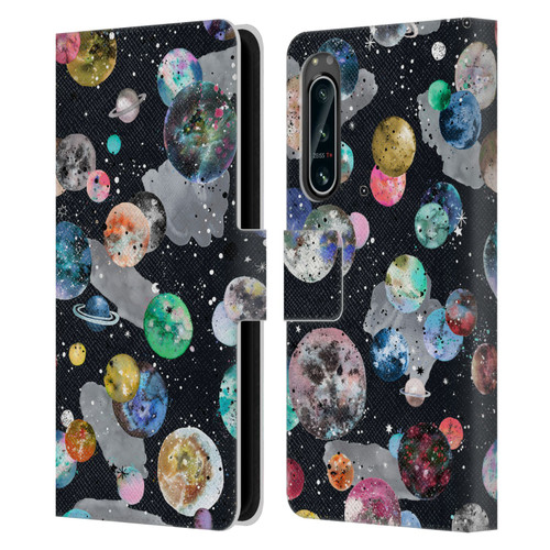 Ninola Colourful Patterns Space Planets Black Leather Book Wallet Case Cover For Sony Xperia 5 IV