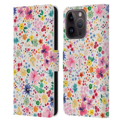 Ninola Colourful Prints Pink Floral Leather Book Wallet Case Cover For Apple iPhone 15 Pro