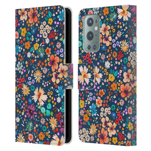 Ninola Colourful Prints Blue Floral Leather Book Wallet Case Cover For OnePlus 9