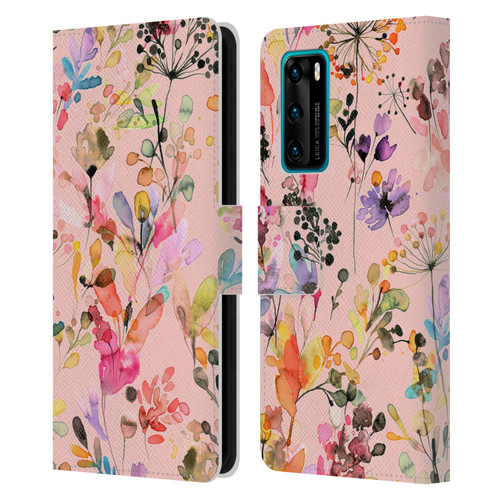 Ninola Flower Patterns Wild Grasses Pink Leather Book Wallet Case Cover For Huawei P40 5G