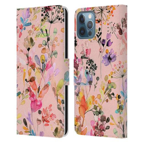 Ninola Flower Patterns Wild Grasses Pink Leather Book Wallet Case Cover For Apple iPhone 12 / iPhone 12 Pro