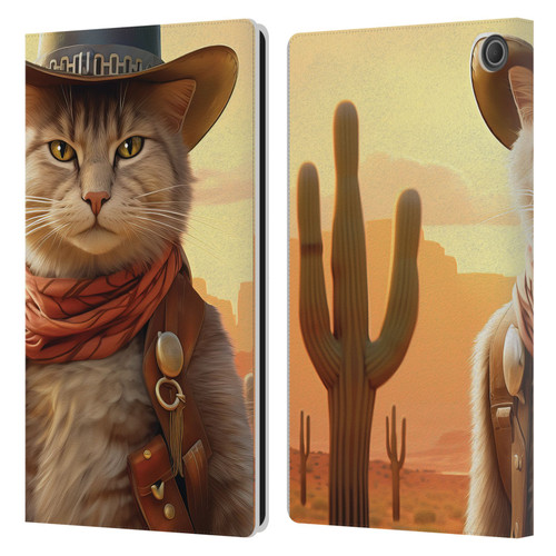 Michael David Ward Animals Kitty Cowboy Leather Book Wallet Case Cover For Amazon Fire Max 11 2023