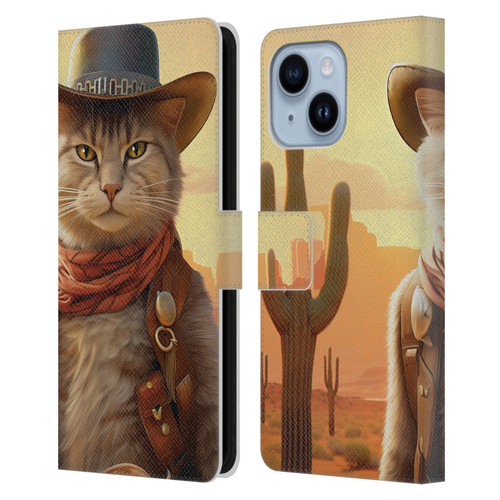 Michael David Ward Animals Kitty Cowboy Leather Book Wallet Case Cover For Apple iPhone 14 Plus