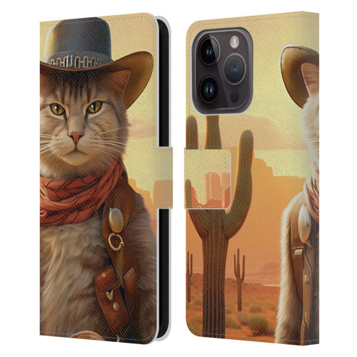 Michael David Ward Animals Kitty Cowboy Leather Book Wallet Case Cover For Apple iPhone 15 Pro