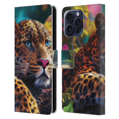 Michael David Ward Animals Reclining Leopard Leather Book Wallet Case Cover For Apple iPhone 16 Pro Max
