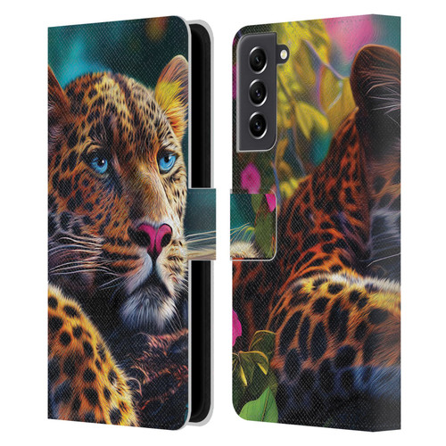 Michael David Ward Animals Reclining Leopard Leather Book Wallet Case Cover For Samsung Galaxy S21 FE 5G