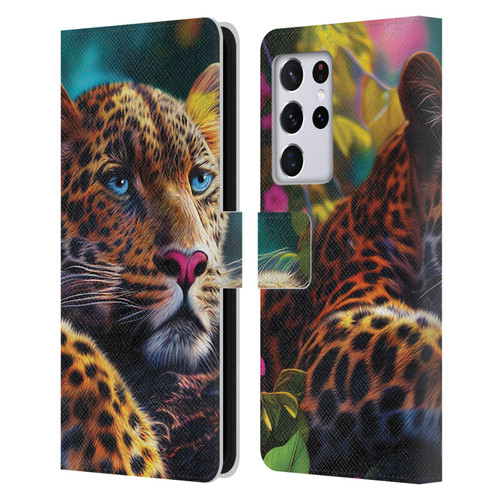 Michael David Ward Animals Reclining Leopard Leather Book Wallet Case Cover For Samsung Galaxy S21 Ultra 5G