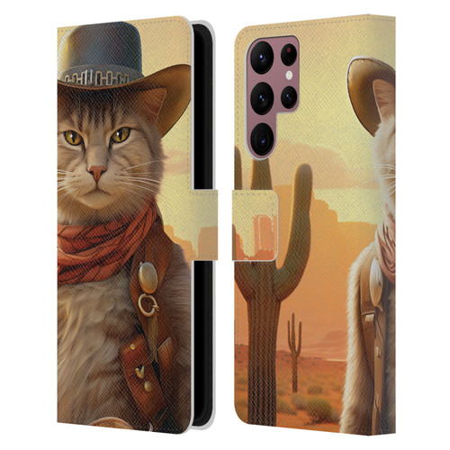 Michael David Ward Animals Kitty Cowboy Leather Book Wallet Case Cover For Samsung Galaxy S22 Ultra 5G
