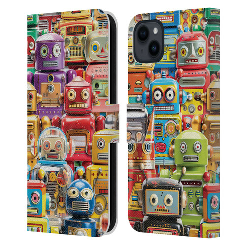 Michael David Ward Fantasy & Whimsical Toy Robots Leather Book Wallet Case Cover For Apple iPhone 15 Plus