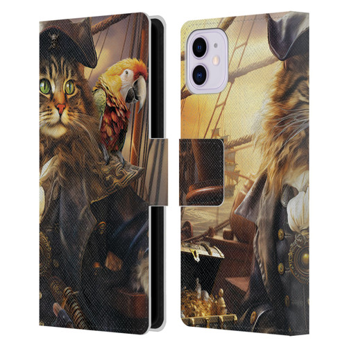 Michael David Ward Humor & Botanicals Captain Cat Leather Book Wallet Case Cover For Apple iPhone 11