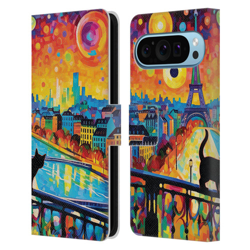 Michael David Ward Psychedelic Art Midnight Cat In Paris Leather Book Wallet Case Cover For Google Pixel 9 / Pixel 9 Pro