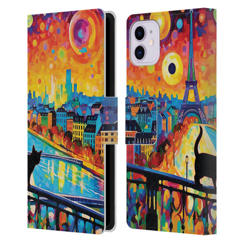 Michael David Ward Psychedelic Art Midnight Cat In Paris Leather Book Wallet Case Cover For Apple iPhone 11