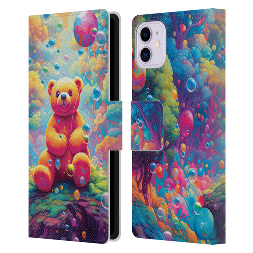 Michael David Ward Psychedelic Art Teddy Bear In Wonderland Leather Book Wallet Case Cover For Apple iPhone 11