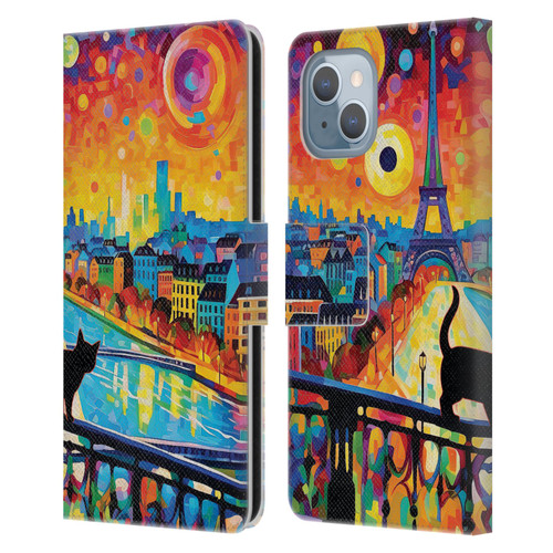Michael David Ward Psychedelic Art Midnight Cat In Paris Leather Book Wallet Case Cover For Apple iPhone 14