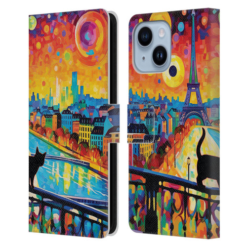 Michael David Ward Psychedelic Art Midnight Cat In Paris Leather Book Wallet Case Cover For Apple iPhone 14 Plus