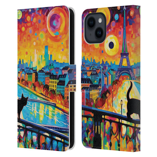 Michael David Ward Psychedelic Art Midnight Cat In Paris Leather Book Wallet Case Cover For Apple iPhone 15