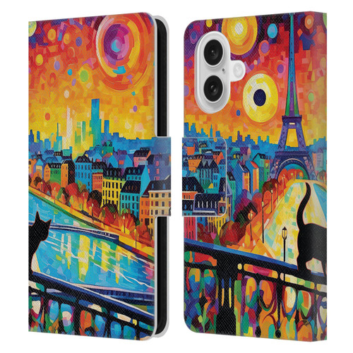 Michael David Ward Psychedelic Art Midnight Cat In Paris Leather Book Wallet Case Cover For Apple iPhone 16
