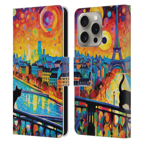 Michael David Ward Psychedelic Art Midnight Cat In Paris Leather Book Wallet Case Cover For Apple iPhone 16 Pro