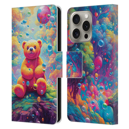Michael David Ward Psychedelic Art Teddy Bear In Wonderland Leather Book Wallet Case Cover For Apple iPhone 16 Pro