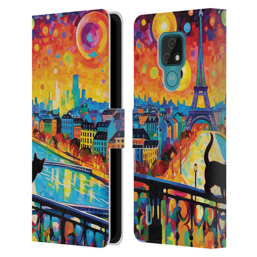 Michael David Ward Psychedelic Art Midnight Cat In Paris Leather Book Wallet Case Cover For Motorola Moto E7