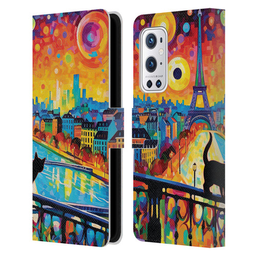 Michael David Ward Psychedelic Art Midnight Cat In Paris Leather Book Wallet Case Cover For OnePlus 9 Pro