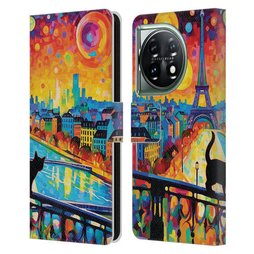 Michael David Ward Psychedelic Art Midnight Cat In Paris Leather Book Wallet Case Cover For OnePlus 11 5G