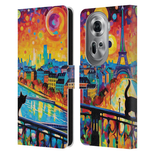 Michael David Ward Psychedelic Art Midnight Cat In Paris Leather Book Wallet Case Cover For OPPO Reno11 Pro