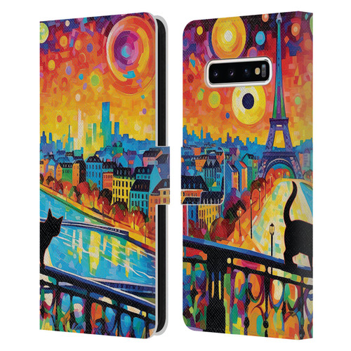 Michael David Ward Psychedelic Art Midnight Cat In Paris Leather Book Wallet Case Cover For Samsung Galaxy S10+ / S10 Plus