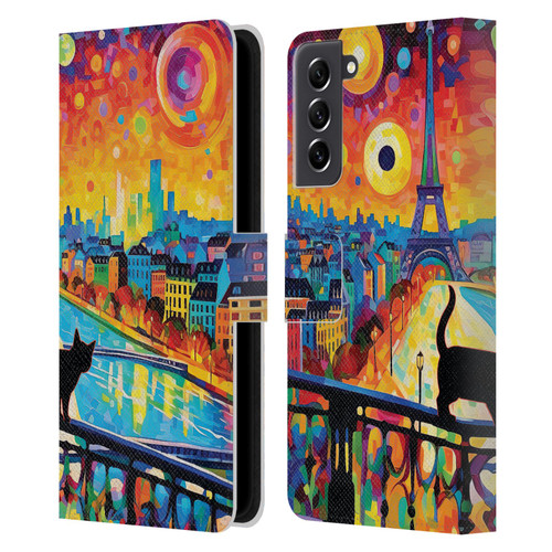 Michael David Ward Psychedelic Art Midnight Cat In Paris Leather Book Wallet Case Cover For Samsung Galaxy S21 FE 5G