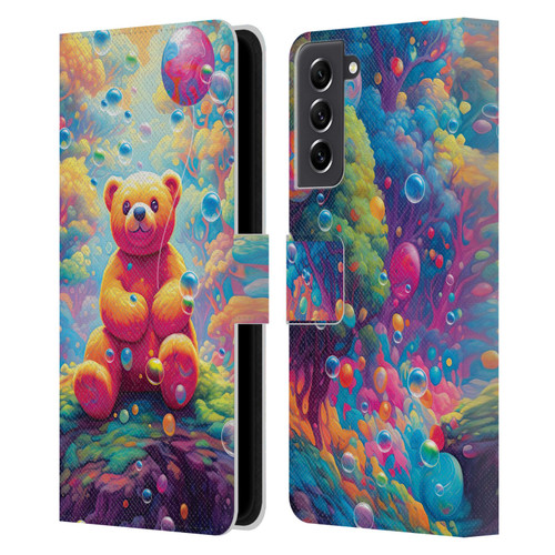 Michael David Ward Psychedelic Art Teddy Bear In Wonderland Leather Book Wallet Case Cover For Samsung Galaxy S21 FE 5G