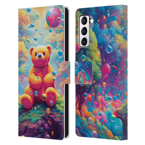 Michael David Ward Psychedelic Art Teddy Bear In Wonderland Leather Book Wallet Case Cover For Samsung Galaxy S21+ 5G