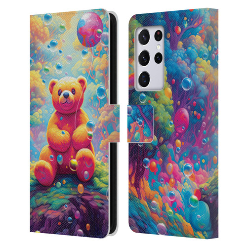 Michael David Ward Psychedelic Art Teddy Bear In Wonderland Leather Book Wallet Case Cover For Samsung Galaxy S21 Ultra 5G