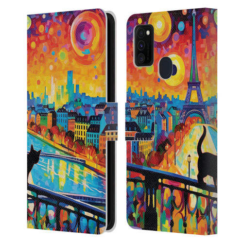 Michael David Ward Psychedelic Art Midnight Cat In Paris Leather Book Wallet Case Cover For Samsung Galaxy M30s (2019)/M21 (2020)