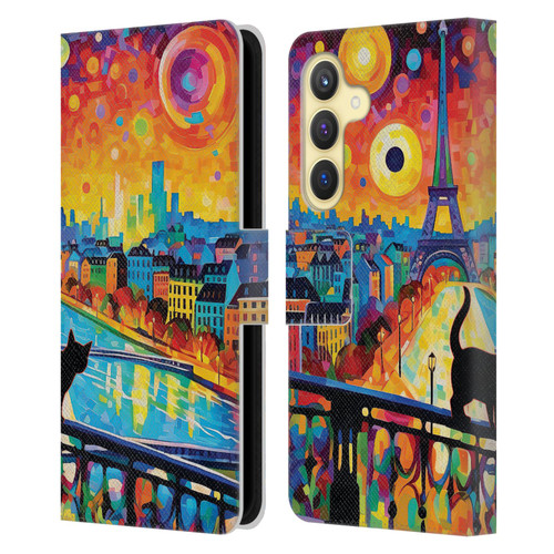 Michael David Ward Psychedelic Art Midnight Cat In Paris Leather Book Wallet Case Cover For Samsung Galaxy S24 5G