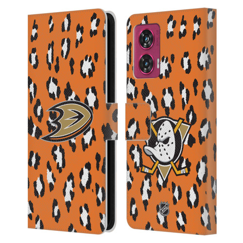 NHL Anaheim Ducks Leopard Patten Leather Book Wallet Case Cover For Motorola Edge 50 Fusion