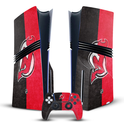 NHL New Jersey Devils Half Distressed Vinyl Sticker Skin Decal Cover for Sony PS5 Pro Disc Edition Bundle
