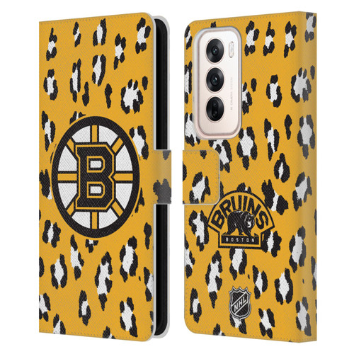 NHL Boston Bruins Leopard Patten Leather Book Wallet Case Cover For OPPO Reno12 5G