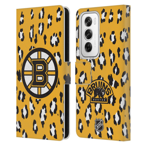 NHL Boston Bruins Leopard Patten Leather Book Wallet Case Cover For OPPO Reno12 Pro 5G