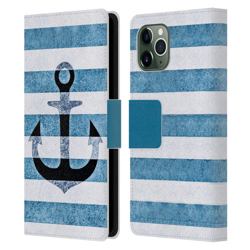 Monika Strigel Vintage Anchors Indigo Leather Book Wallet Case Cover For Apple iPhone 11 Pro