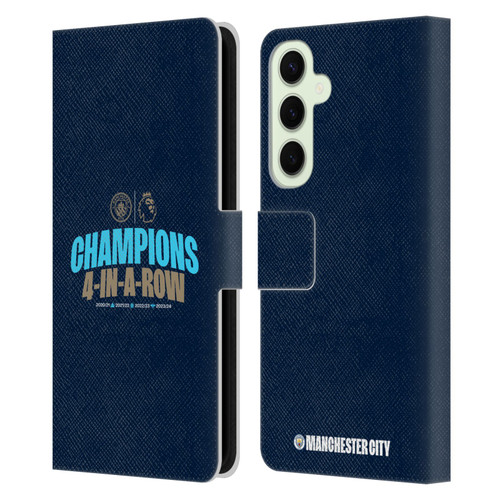 Manchester City Man City FC 2024 Premier League Champions 4 In A Row Dark Leather Book Wallet Case Cover For Samsung Galaxy S25+