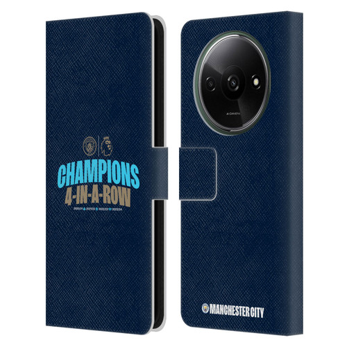 Manchester City Man City FC 2024 Premier League Champions 4 In A Row Dark Leather Book Wallet Case Cover For Xiaomi Redmi A3