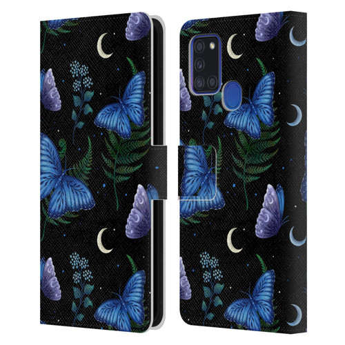 Episodic Drawing Pattern Blue Morpho Butterfly Leather Book Wallet Case Cover For Samsung Galaxy A21s (2020)