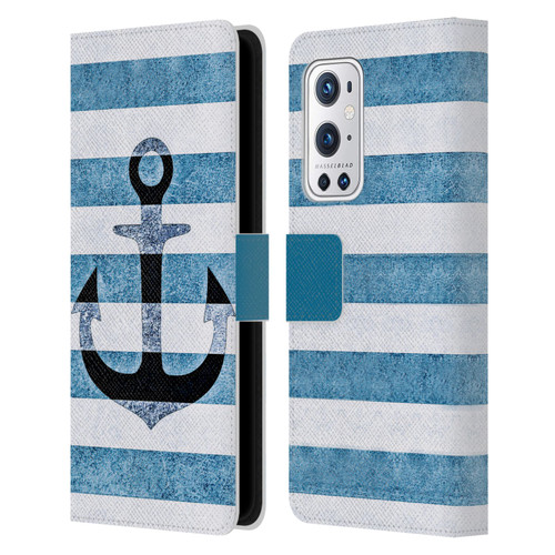 Monika Strigel Vintage Anchors Indigo Leather Book Wallet Case Cover For OnePlus 9 Pro
