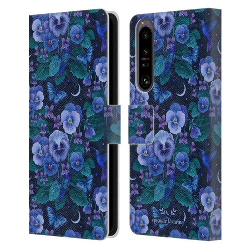 Episodic Drawing Florals & Serpents Violet Blue Flowers Leather Book Wallet Case Cover For Sony Xperia 1 IV