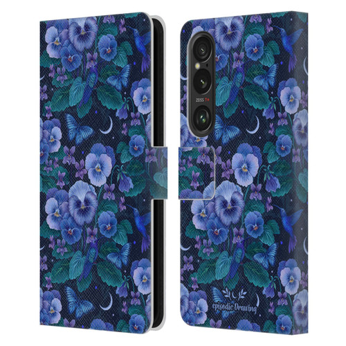Episodic Drawing Florals & Serpents Violet Blue Flowers Leather Book Wallet Case Cover For Sony Xperia 1 VI 5G
