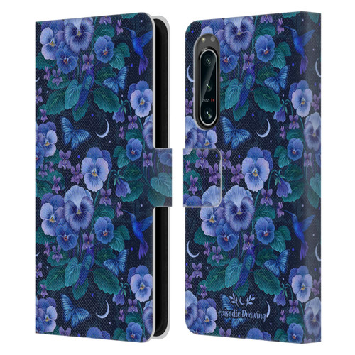 Episodic Drawing Florals & Serpents Violet Blue Flowers Leather Book Wallet Case Cover For Sony Xperia 5 IV