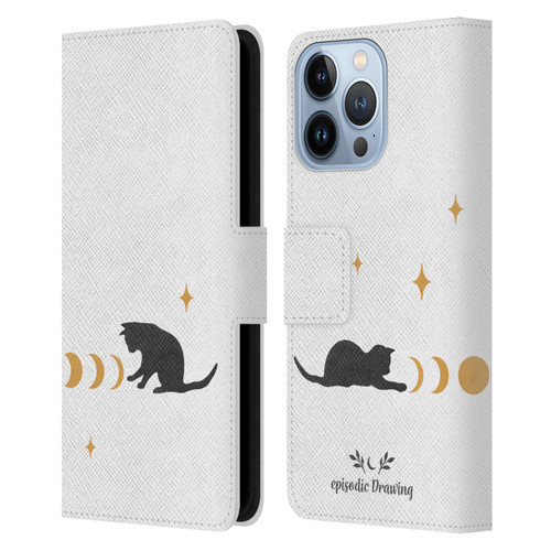 Episodic Drawing Mix Illustrations Cat And Moon Leather Book Wallet Case Cover For Apple iPhone 13 Pro