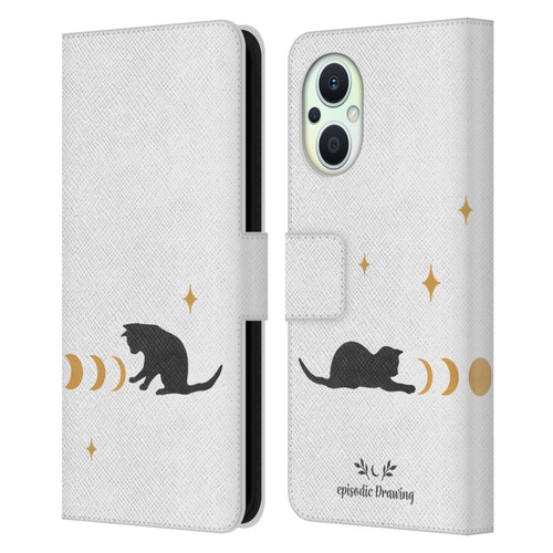 Episodic Drawing Mix Illustrations Cat And Moon Leather Book Wallet Case Cover For OPPO Reno8 Lite