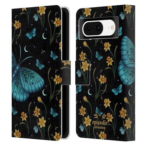 Episodic Drawing Moth Patterns Daffodil Flowers Leather Book Wallet Case Cover For Google Pixel 8